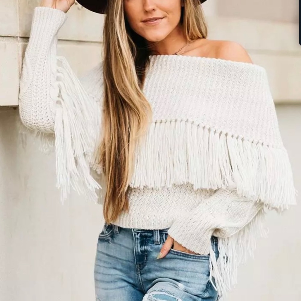 Willow and Root Off The Shoulder Fringe Sweater